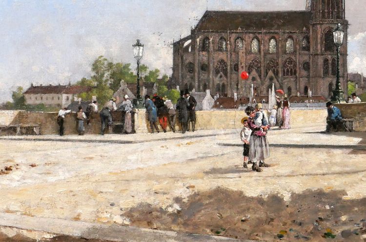 Alfred CHATAUD 1833-1908 Le Ballon rouge, Mantes-la-Jolie, tableau, Salon 1890, paysage