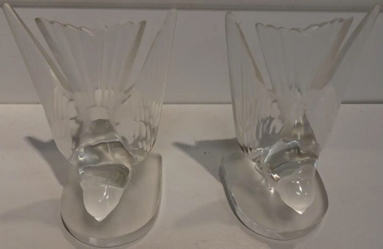 LALIQUE France.   Pair Of Swallow Bookends In Moulded and Satin Cristal Signed