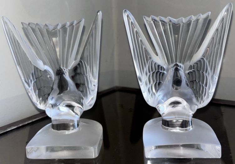 LALIQUE France.   Pair Of Swallow Bookends In Moulded and Satin Cristal Signed