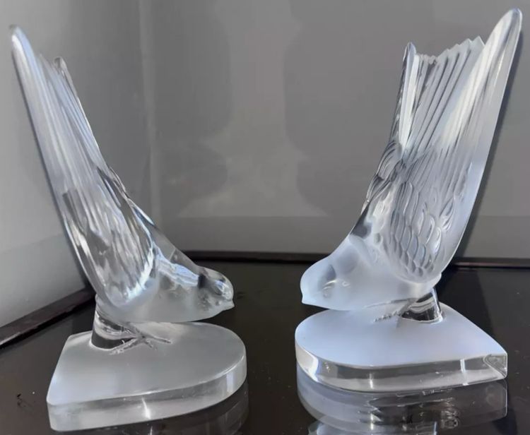 LALIQUE France.   Pair Of Swallow Bookends In Moulded and Satin Cristal Signed