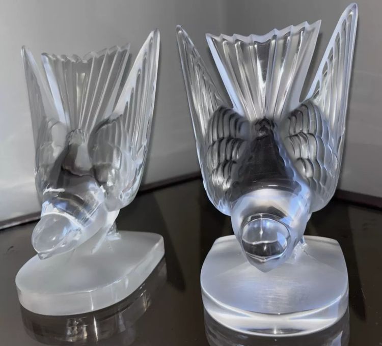 LALIQUE France.   Pair Of Swallow Bookends In Moulded and Satin Cristal Signed