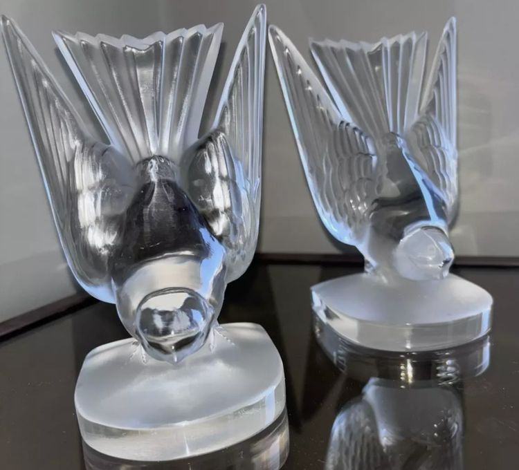 LALIQUE France.   Pair Of Swallow Bookends In Moulded and Satin Cristal Signed