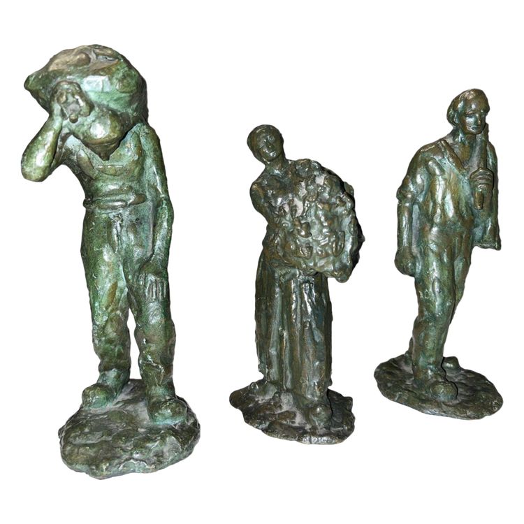 GUERO (XXth) Set Of 3 Bronze Sculptures with Green Patina Signed