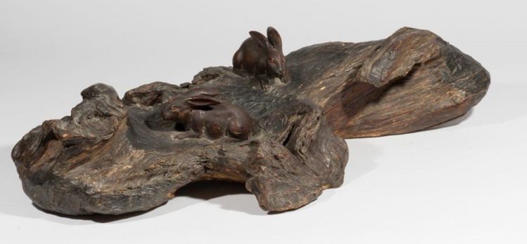 Okimono - Sculpture of rabbits walking in a landscape.