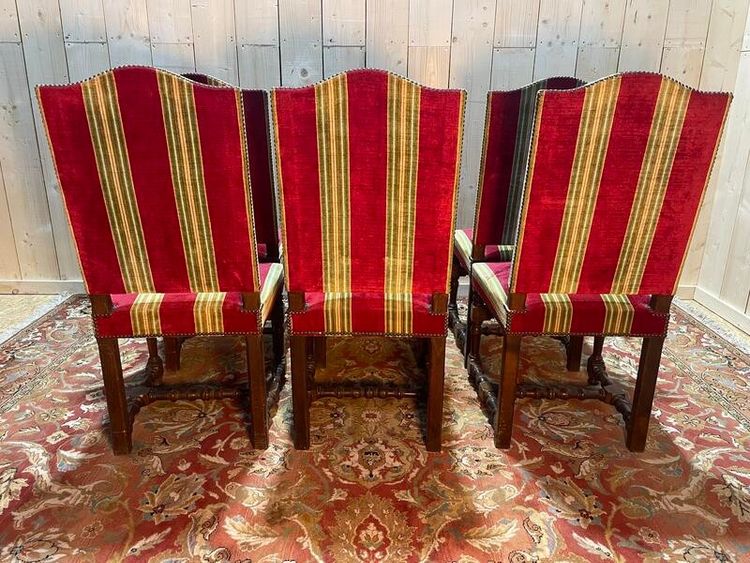 Suite of 6 louis XIII style chairs striped velvet