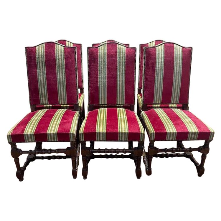 Suite of 6 louis XIII style chairs striped velvet