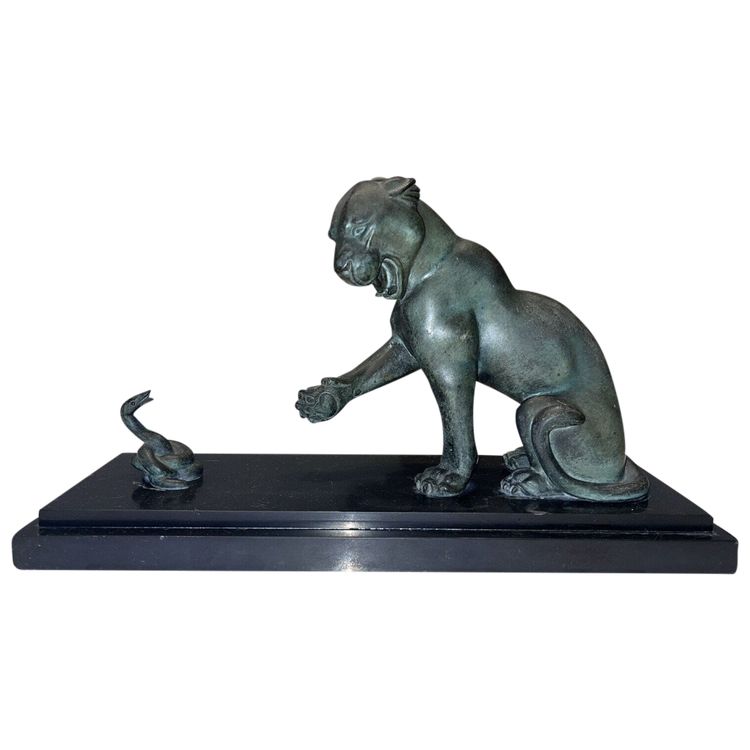 Irenée ROCHARD 1906-1984 Panthère Et Serpent Group En Régule Vert Art Déco Length 37 Signed