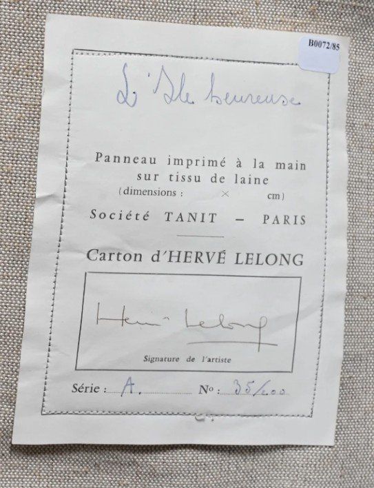 Hervé LELONG (1937) "l'île Heureuse", Hand-Printed Panel on Wool Fabric