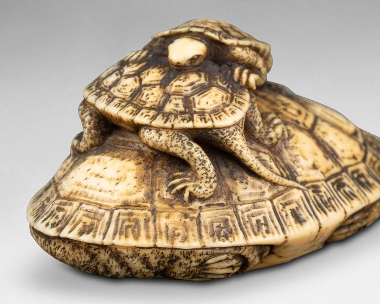 Netsuke in avorio raffigurante tre tartarughe. Giappone Edo, XIX secolo