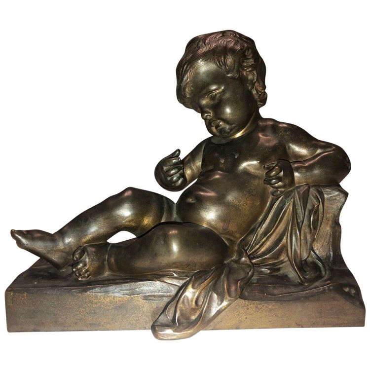 Grande Putto in bronzo con patina Medaglia anonima H. 21 cm