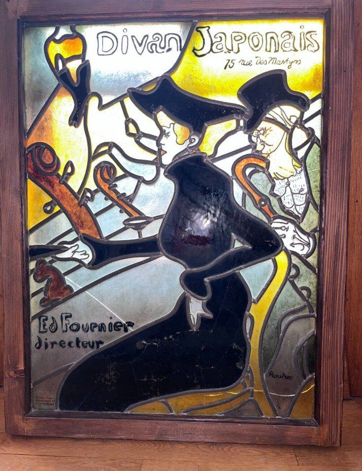 Tolosa LAUTREC Grande vetrata Art Nouveau Il divano giapponese H. 90 X L. 70 Cm