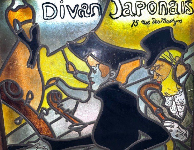 Tolosa LAUTREC Grande vetrata Art Nouveau Il divano giapponese H. 90 X L. 70 Cm
