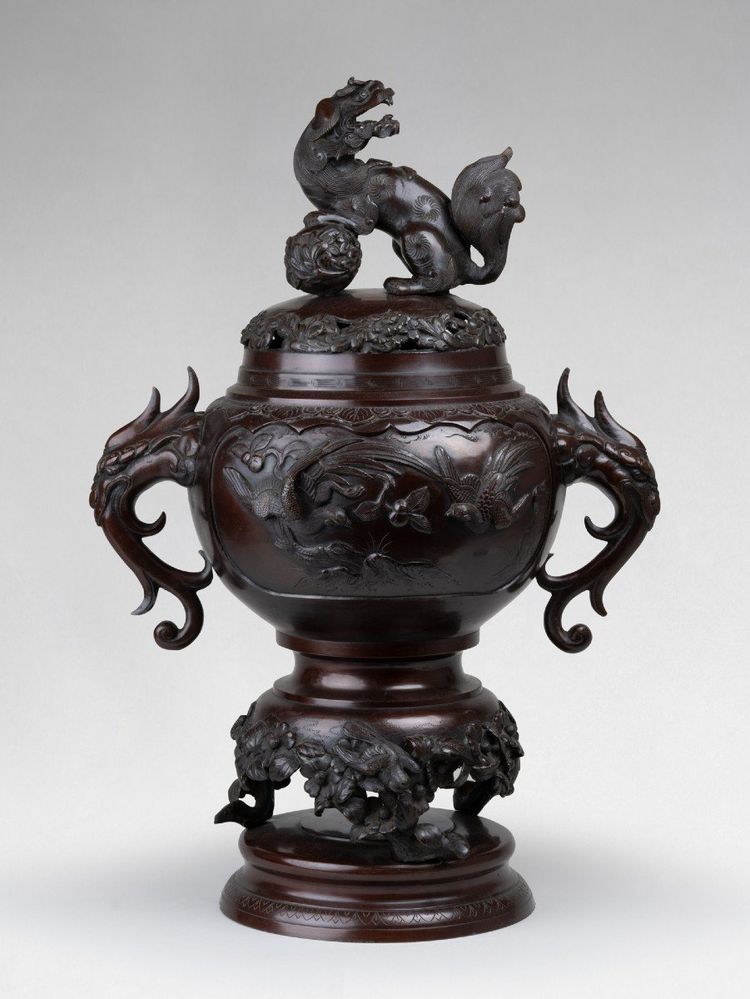 Bronze Incense Burner – Koro with Bird and Large Shishi Decor Japan