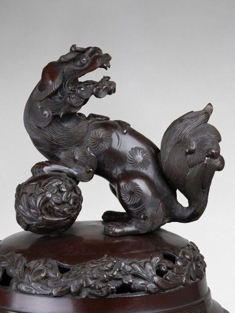 Bronze Incense Burner – Koro with Bird and Large Shishi Decor Japan