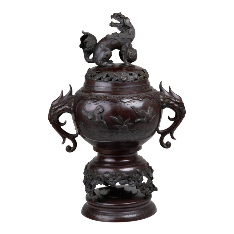 Bronze Incense Burner – Koro with Bird and Large Shishi Decor Japan