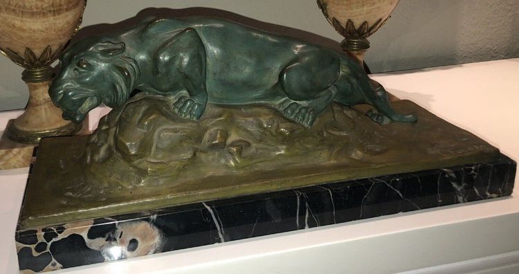 FAVEDE R. Large (52cm) Panther in Green Regula on Marble Base Signed