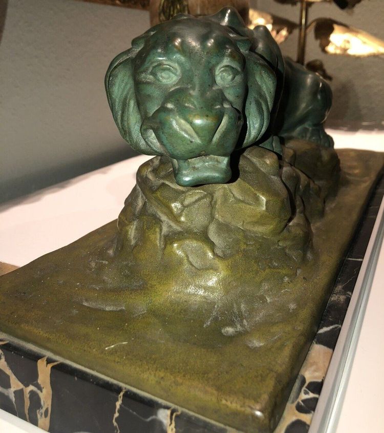 FAVEDE R. Large (52cm) Panther in Green Regula on Marble Base Signed