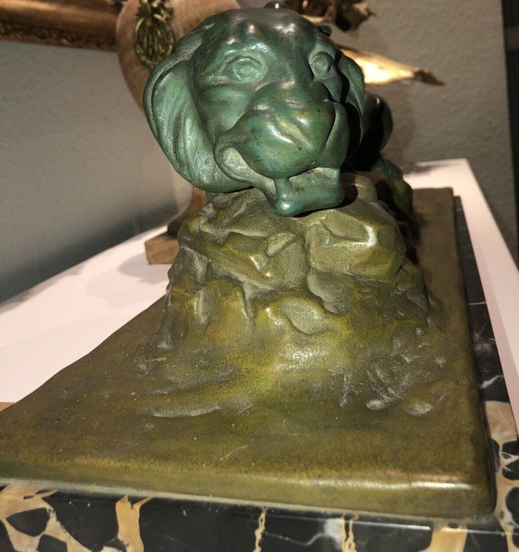 FAVEDE R. Large (52cm) Panther in Green Regula on Marble Base Signed
