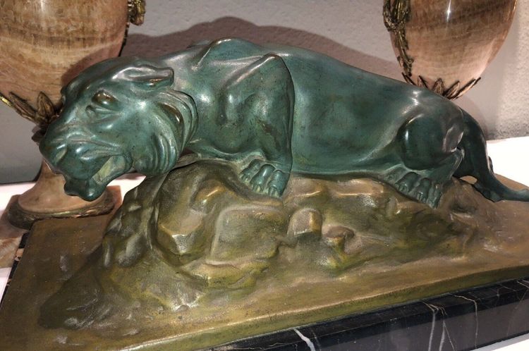 FAVEDE R. Large (52cm) Panther in Green Regula on Marble Base Signed