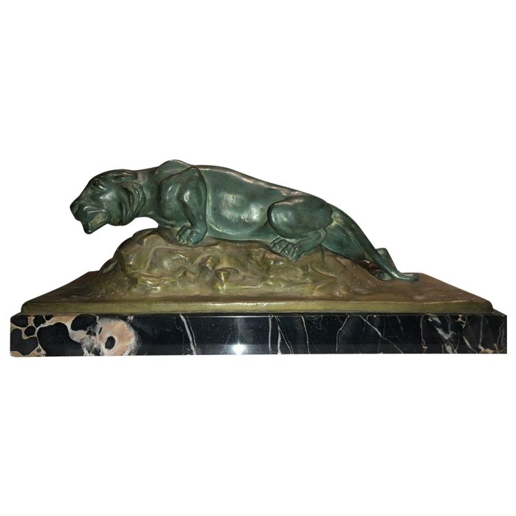 FAVEDE R. Large (52cm) Panther in Green Regula on Marble Base Signed