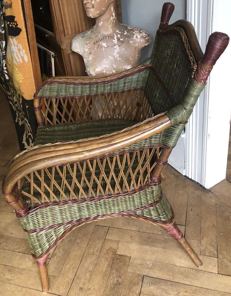 Ancienne Paire De Fauteuils + Porte Revues En Rotin Et Bambou Polychrome