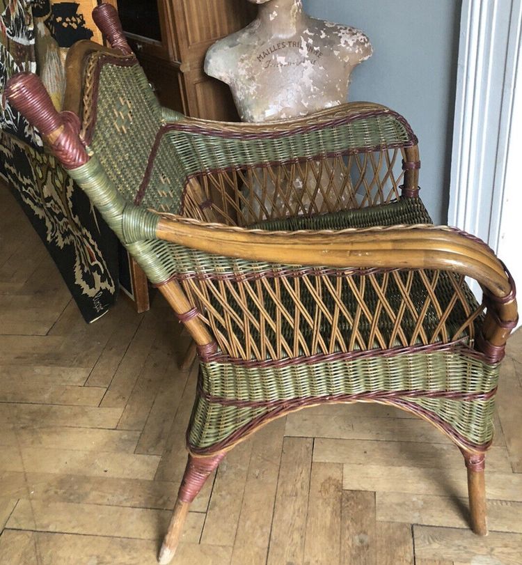 Ancienne Paire De Fauteuils + Porte Revues En Rotin Et Bambou Polychrome