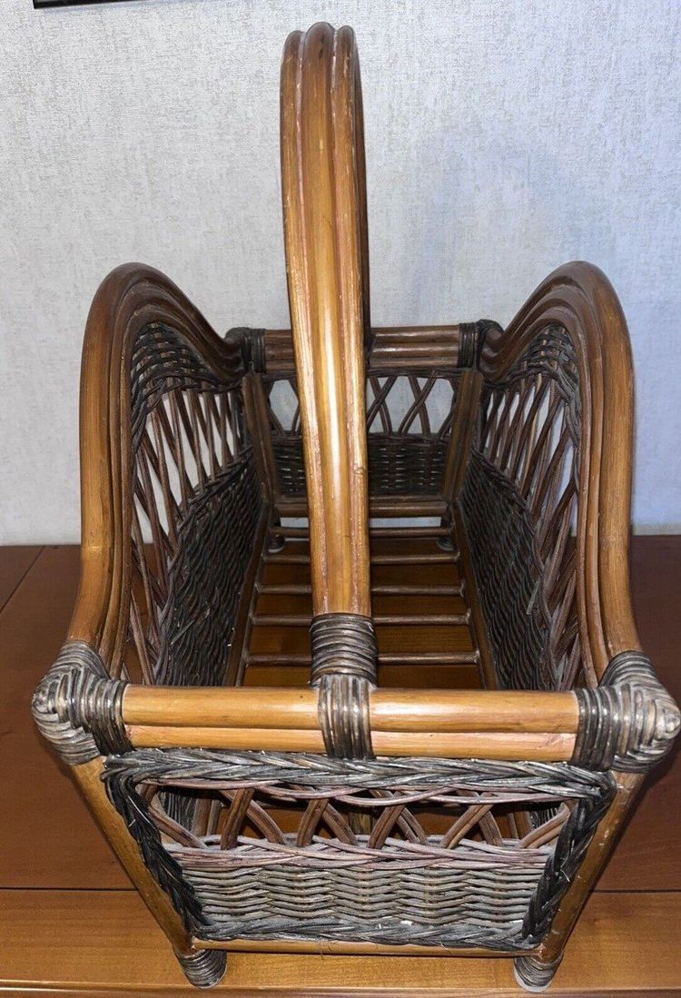 Ancienne Paire De Fauteuils + Porte Revues En Rotin Et Bambou Polychrome