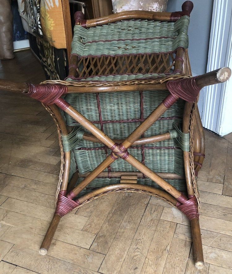 Ancienne Paire De Fauteuils + Porte Revues En Rotin Et Bambou Polychrome