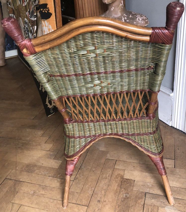 Ancienne Paire De Fauteuils + Porte Revues En Rotin Et Bambou Polychrome