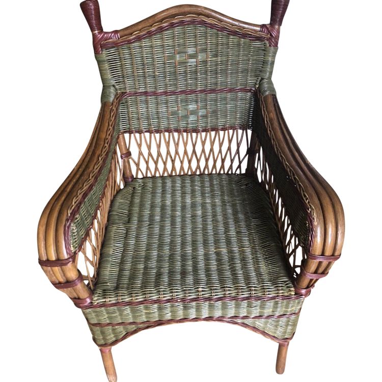 Ancienne Paire De Fauteuils + Porte Revues En Rotin Et Bambou Polychrome