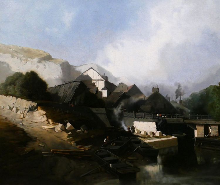 J. J. BAHANS 1834-1856 Normandia, villaggio di scalpellini, paesaggio, dipinto, 1855