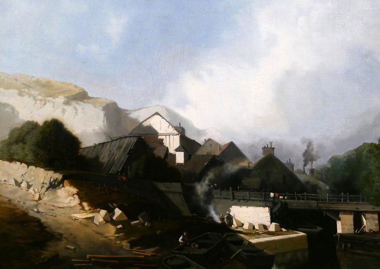 J. J. BAHANS 1834-1856 Normandia, villaggio di scalpellini, paesaggio, dipinto, 1855