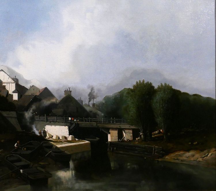 J. J. BAHANS 1834-1856 Normandia, villaggio di scalpellini, paesaggio, dipinto, 1855