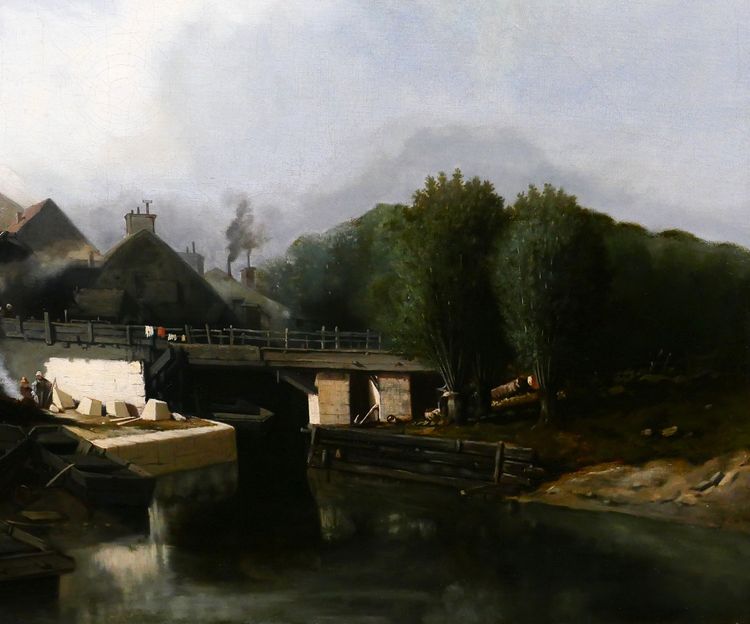 J. J. BAHANS 1834-1856 Normandia, villaggio di scalpellini, paesaggio, dipinto, 1855