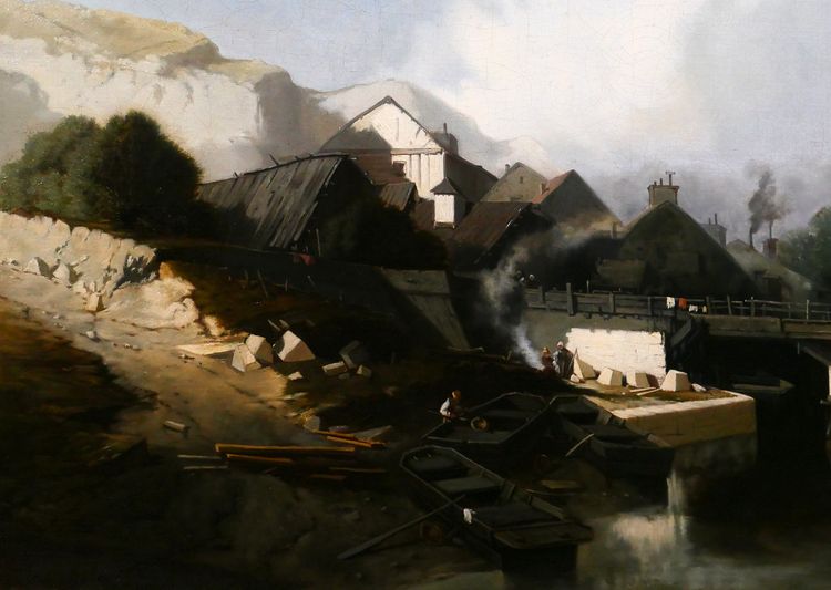 J. J. BAHANS 1834-1856 Normandia, villaggio di scalpellini, paesaggio, dipinto, 1855