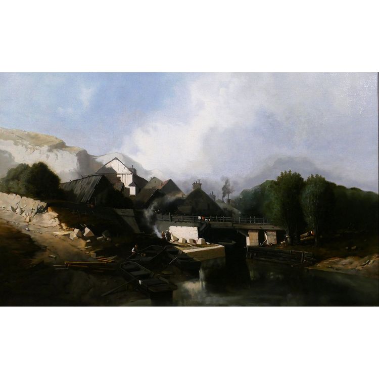 J. J. BAHANS 1834-1856 Normandia, villaggio di scalpellini, paesaggio, dipinto, 1855