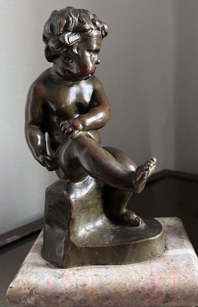 d'après Auguste DELAFONTAINE ( 1813-1892) Paire De Serre-livres Putti En Bronze Patiné