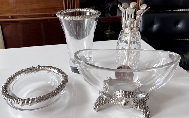 FONDICA & MATHIAS Rare Set Of Four Silvered Bronze And Crystal Pieces