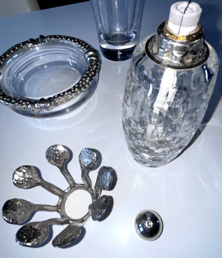 FONDICA & MATHIAS Rare Set Of Four Silvered Bronze And Crystal Pieces