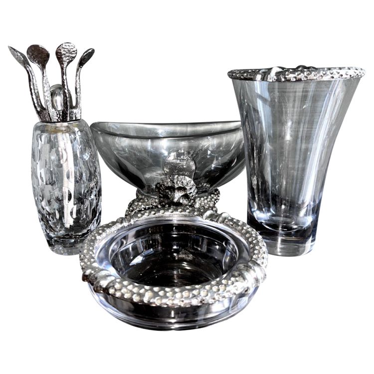 FONDICA & MATHIAS Rare Set Of Four Silvered Bronze And Crystal Pieces