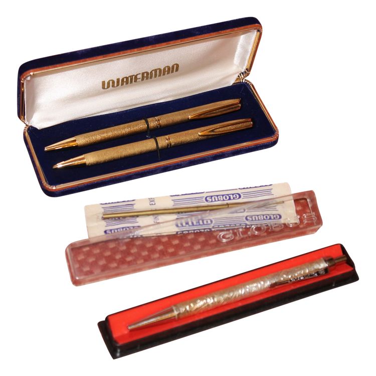 Waterman gold-plated ballpoint pens in box and Globus Judaica silver pen, 20th c.