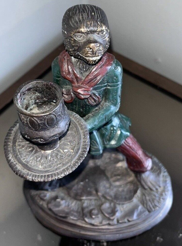 FRATIN Christophe (1801-1864).  Candlestick In Polychrome Bronze Representing A Monkey Signed