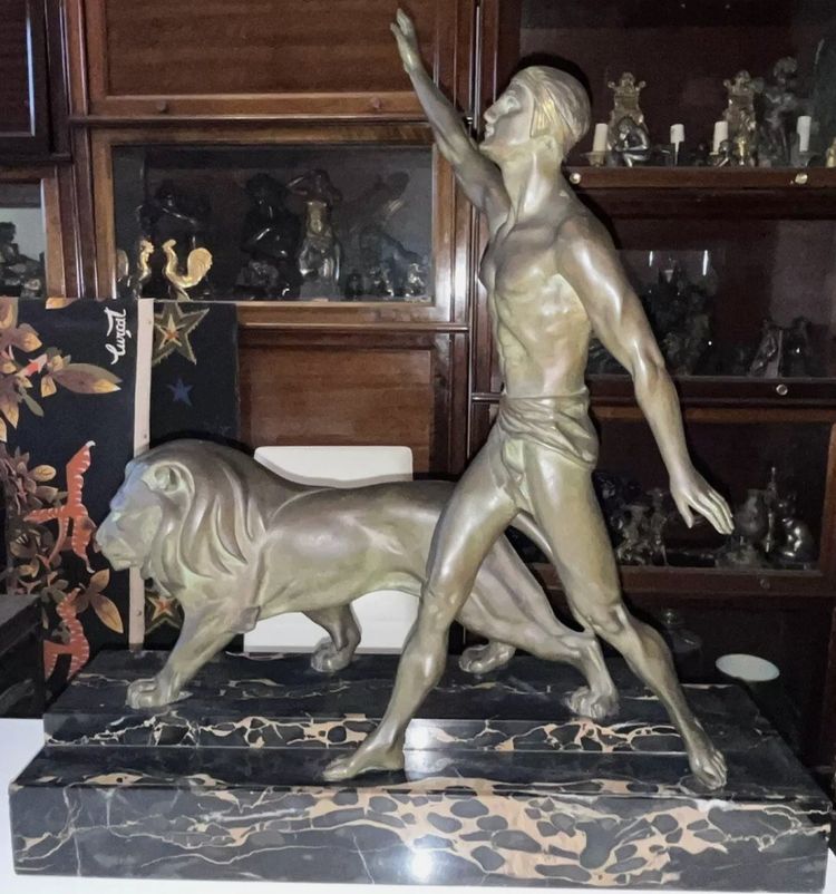 DAVERNY G (xxème) Dresseur De Lion Stylisé 1930 Important Art Deco Bronze Sculpture 74cm