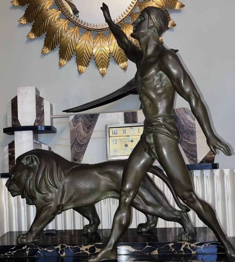 DAVERNY G (xxème) Dresseur De Lion Stylisé 1930 Important Art Deco Bronze Sculpture 74cm