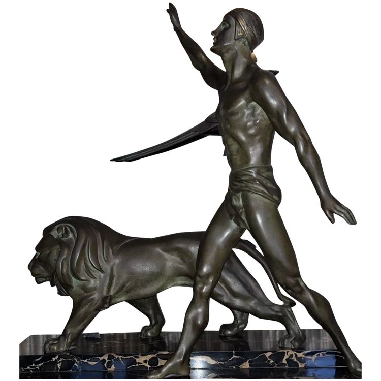 DAVERNY G (xxème) Dresseur De Lion Stylisé 1930 Important Art Deco Bronze Sculpture 74cm