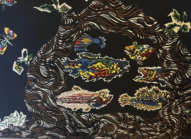 Jean LURCAT (1892-1966) Fonds Marins.   Stampa su tessuto che ha conservato i suoi splendidi colori