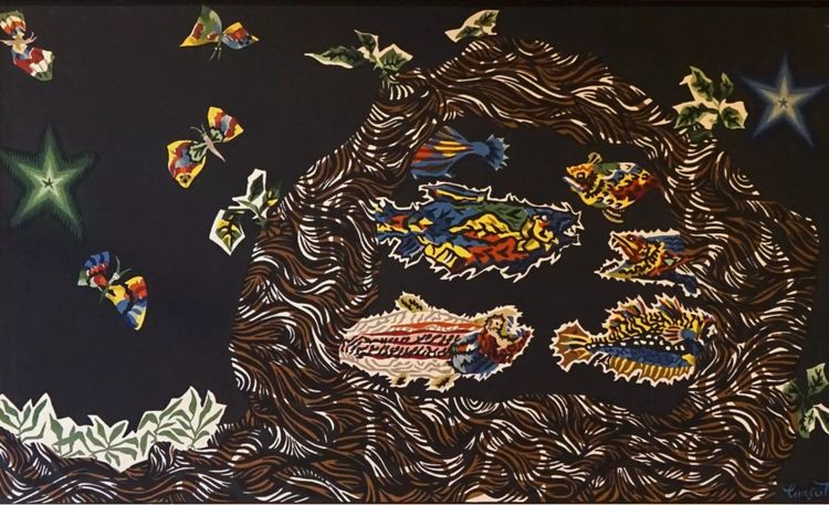 Jean LURCAT (1892-1966) Fonds Marins.   Stampa su tessuto che ha conservato i suoi splendidi colori