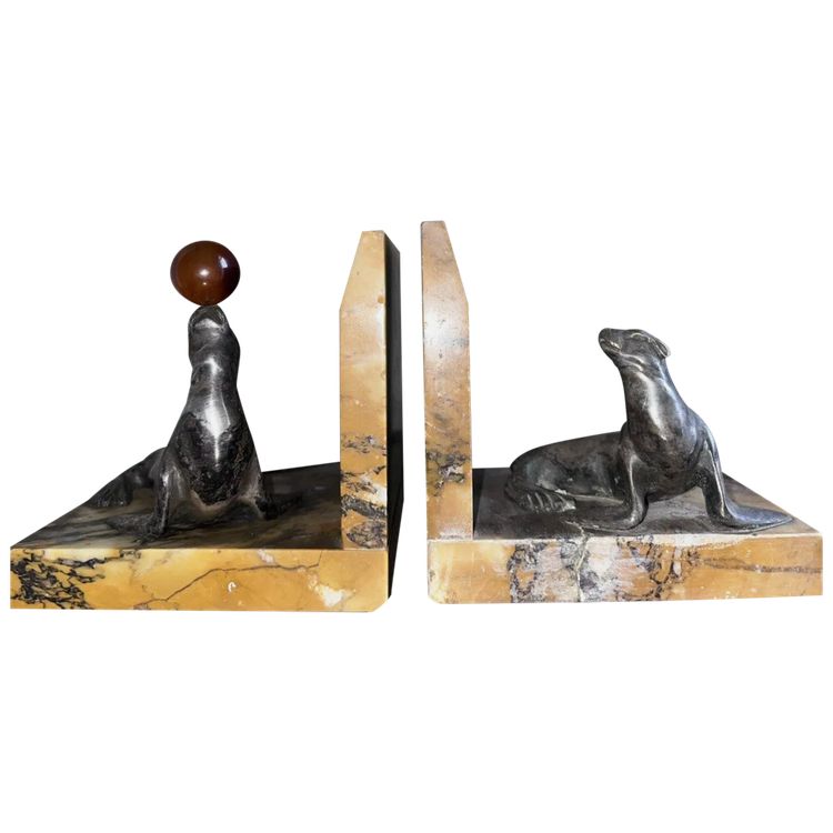 BOURCART Emmanuel (xxeme)serre Livres Art Déco En Bronze Sur Base Marbre Signés