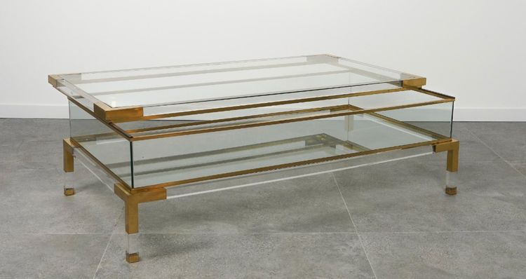 Maison JANSEN, Large Lucite, Brass And Glass Display Table 130x70x40cm
