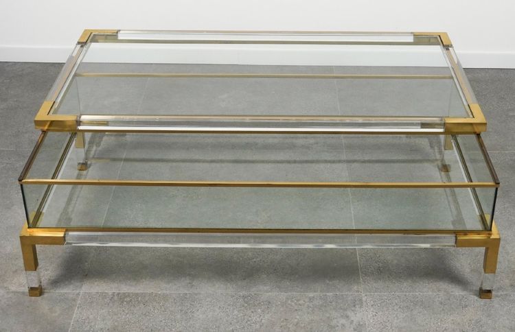 Maison JANSEN, Large Lucite, Brass And Glass Display Table 130x70x40cm
